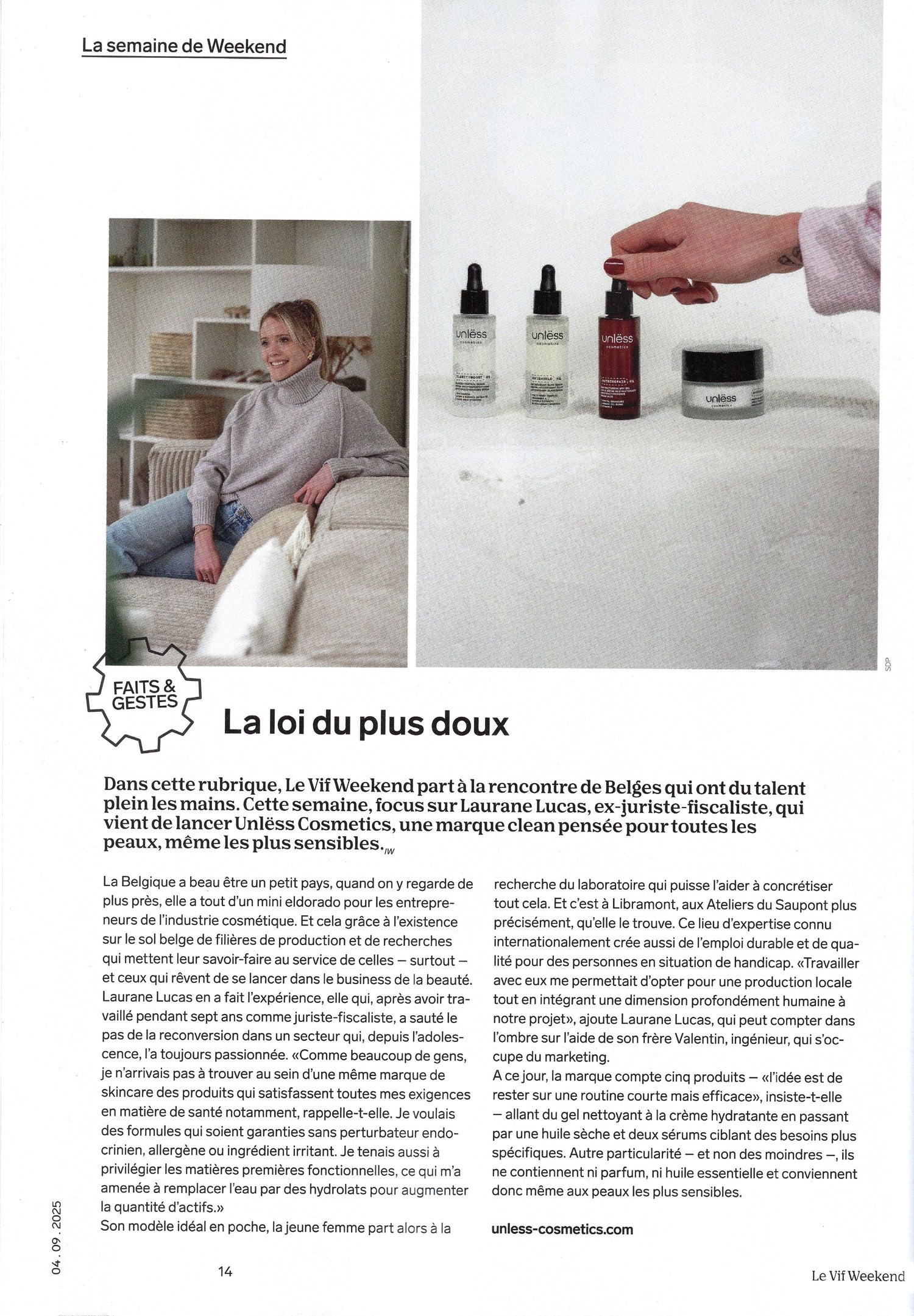 Article Le Vif Weekend du 04/09/2025 à propos d'Unlëss Cosmetics, marque de produits cosmétiques sains, naturels et efficaces. Notés 100/100 sur YUKA