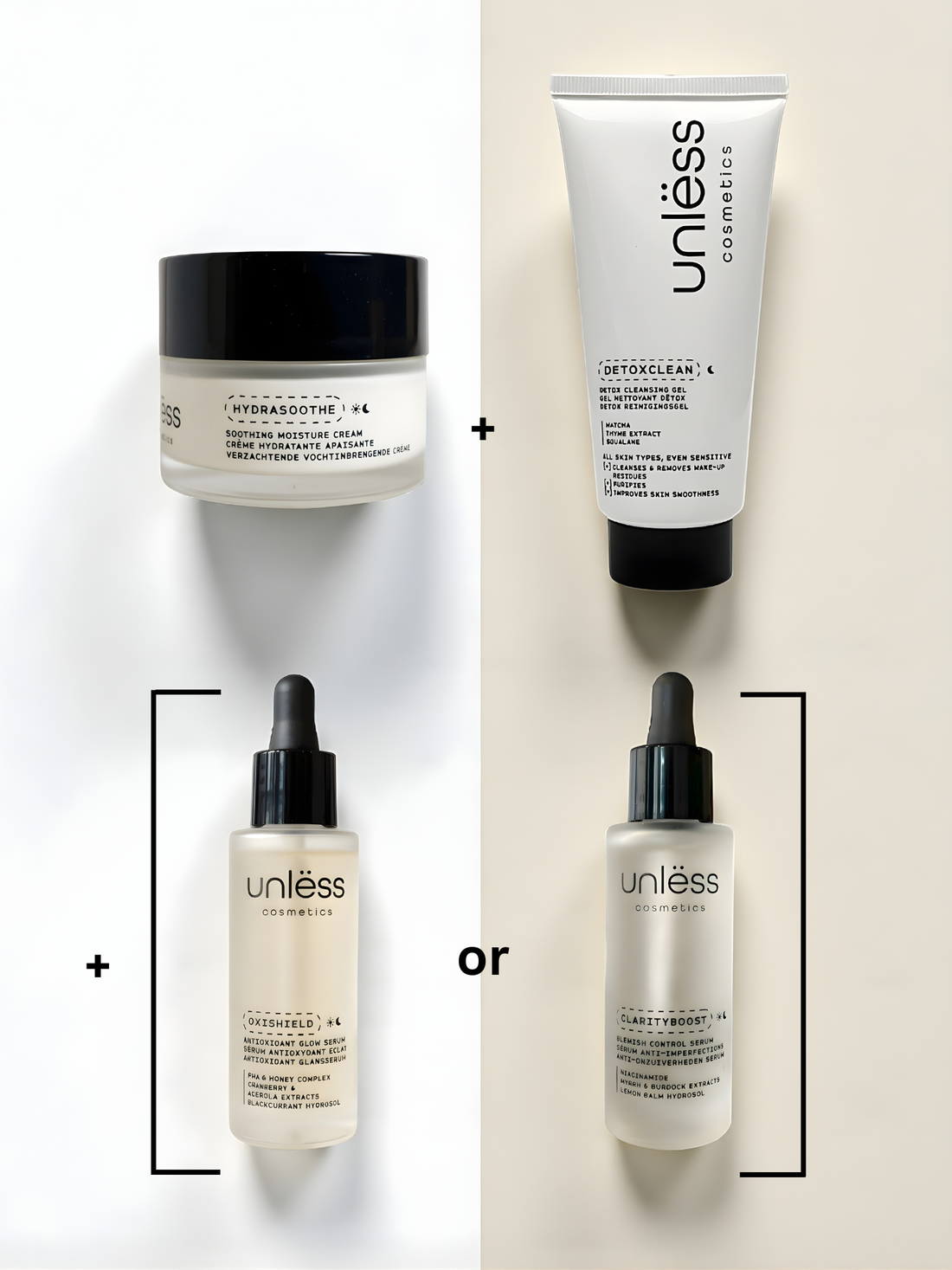 Produits du défi UnlessChallenge: crème Hydrasoothe, gel nettoyant Detoxclean et au choix le sérum Oxishield ou le sérum Clarityboost d’Unlëss Cosmetics.