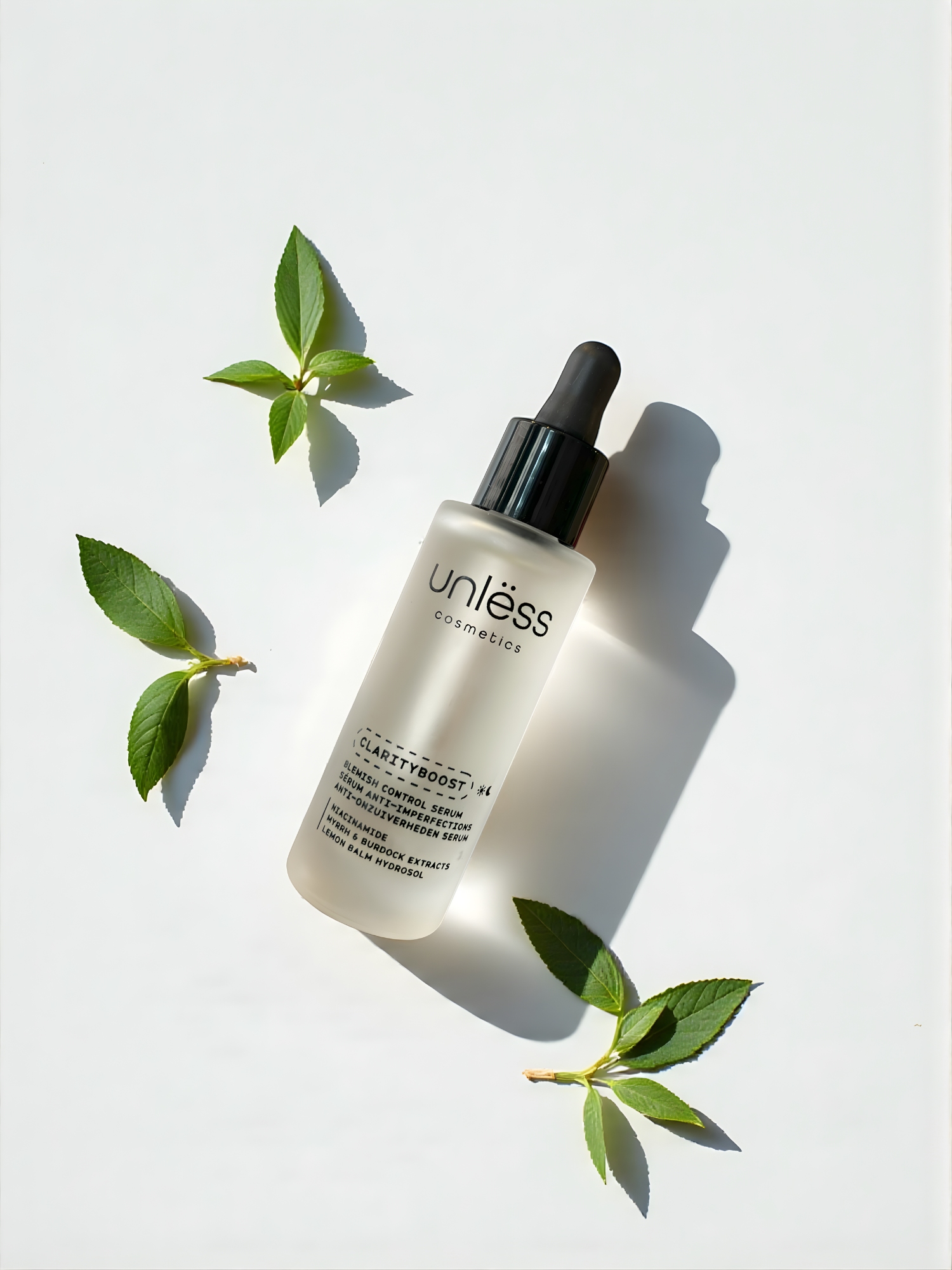 Flacon du sérum Clarityboost d’Unlëss Cosmetics posé sur fond blanc, entouré de petites branches vertes et projetant une ombre nette.